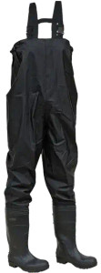 Black steel toe chest waders with ASTM certification and treaded slip-resistant soles for industrial work