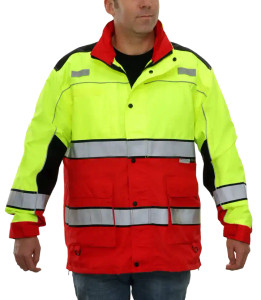 Front view of the First Responder EMS Coat in high-vis lime and red, highlighting NFPA 1999 certification and 3M Scotchlite reflective tape for 360-degree visibility