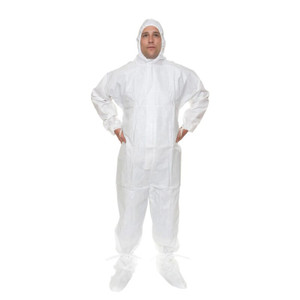 GammaGuard CE sterile cleanroom coverall with attached hood and boots, 10⁻⁶ SAL sterilization, low-linting white fabric, thumb loops, ankle ties, and storm flap.