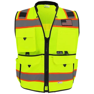Globus GLO-096 ANSI Class 2 surveyor safety vest with 13 pockets and removable USA flag patch
