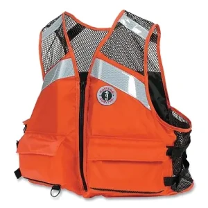 Mustang Survival MV1254 T1 orange industrial mesh flotation vest with SOLAS reflective tape, front pockets and harness pass-through.