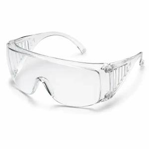 Clear safety glasses with wraparound lens and integrated side shields