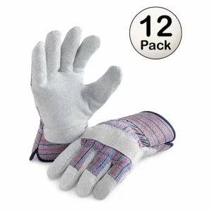 Heavy-duty leather palm work gloves 12 pack with striped fabric back and safety cuff