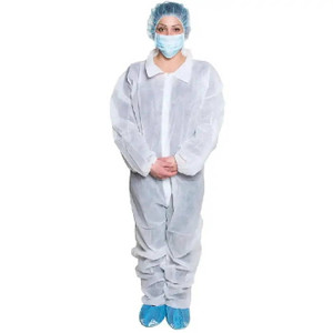 White disposable protective coveralls with elastic wrist and ankle