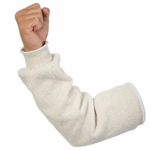 White knitted protective arm sleeve with ribbed wrist cuff and extended forearm coverage for industrial handling, assembly, and manufacturing work.