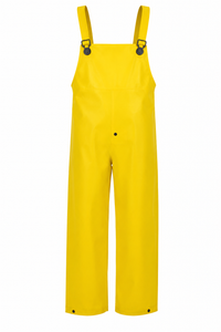 Yellow waterproof rain bib overalls with adjustable shoulder straps, buckle closures, and snap-adjustable leg openings for construction, utility, fishing, and outdoor work.