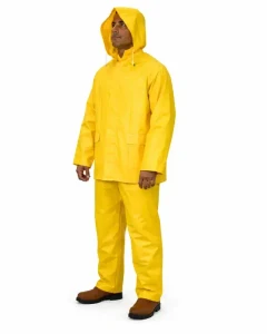 Front view of a worker wearing a yellow waterproof hooded rain suit with jacket, matching pants, front pockets, and work boots.
