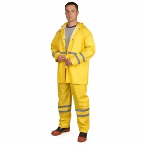 Worker wearing a yellow waterproof rain suit with hooded jacket, matching pants, and reflective bands for construction, utility, maintenance, and outdoor work