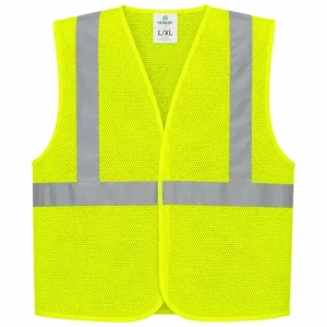 Fluorescent yellow high-visibility mesh safety vest with vertical and horizontal silver reflective tape for construction, traffic, warehouse, and industrial work.