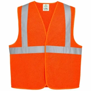 Fluorescent orange high-visibility mesh safety vest with silver reflective tape for construction, traffic control, warehouse, and industrial work.