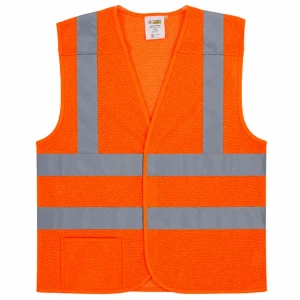 Fluorescent orange high-visibility mesh safety vest with silver reflective stripes and front utility pocket for construction, traffic, warehouse, and industrial work.