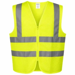 Fluorescent yellow high-visibility mesh safety vest with reflective stripes and front zipper for construction, traffic, warehouse, and industrial work.