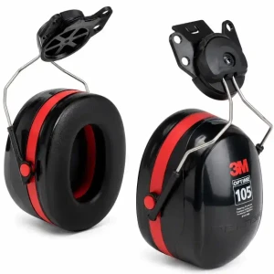 3M Peltor H10P3E Optime 105 red and black earmuffs attached to a white safety hard hat