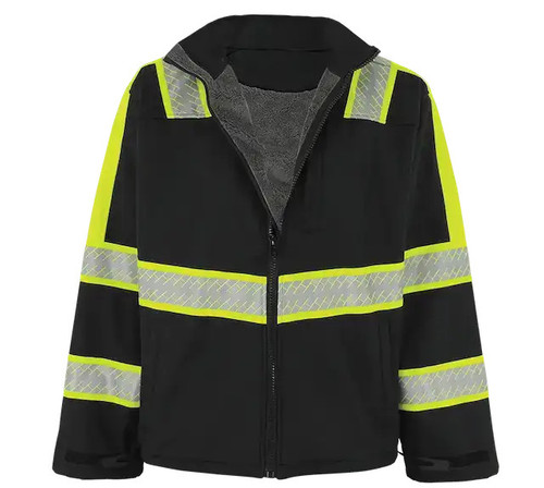 Black sherpa-lined softshell work jacket with reflective trim
