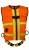 Hi-vis orange safety vest with reflective striping, front buckle, pockets, and integrated fall protection harness on a white background