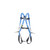 5-point adjustment system on a yellow and black safety harness, highlighting the ANSI-compliant reinforced webbing and dorsal D-ring