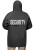 Rear view of lightweight black security windbreaker showing full-width security print and adjustable hood for rain protection