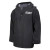 Front view of black security rain jacket with waterproof fabric and high-visibility white security lettering on chest