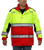 Front view of the First Responder EMS Coat in high-vis lime and red, highlighting NFPA 1999 certification and 3M Scotchlite reflective tape for 360-degree visibility