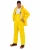 Worker wearing a yellow waterproof rain jacket, matching bib overalls, black work boots, and adjustable suspenders for construction, utility, fishing, and outdoor work.