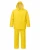 Yellow waterproof rain suit with drawstring hood, snap-front jacket, flap pockets, and matching pants for construction, utility, maintenance, and outdoor work