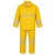 Yellow waterproof rain suit with reflective bands, snap-front jacket, utility pockets, and matching pants for construction, utility, maintenance, and outdoor work.