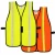 Yellow and orange high-visibility safety vests with reflective stripes, black trim, and adjustable side straps for construction, traffic, and industrial work.