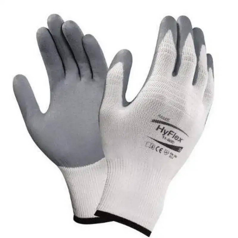 Ansell HyFlex 11-800 foam nitrile palm-coated work glove with white nylon liner, gray coating, knit wrist, EN 388 3131A rating, and ANSI A1 cut resistance.
