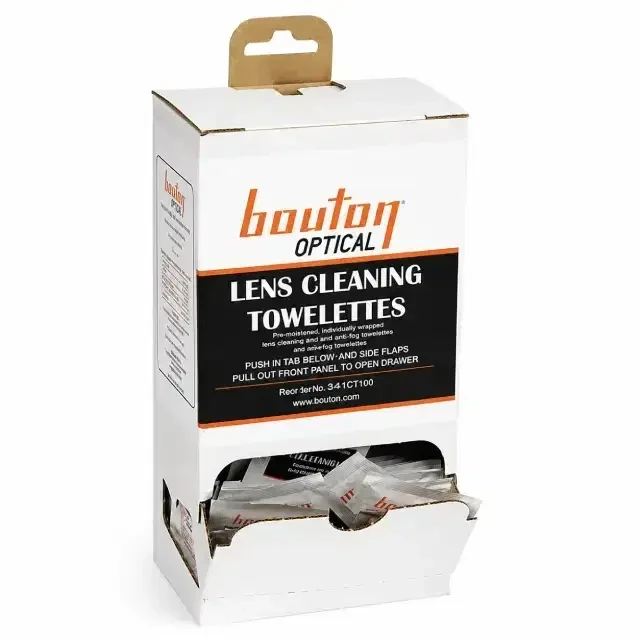 Lens Cleaning Towelette Dispenser with 100 pre-moistened anti-fog, anti-static, anti-streak wipes for safety glasses, goggles, and faceshields