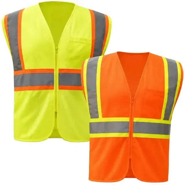 contrasting reflective tape detail on ANSI class 2 safety vest high visibility striping design