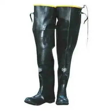 black rubber hip boots with thigh straps for deep water protection
