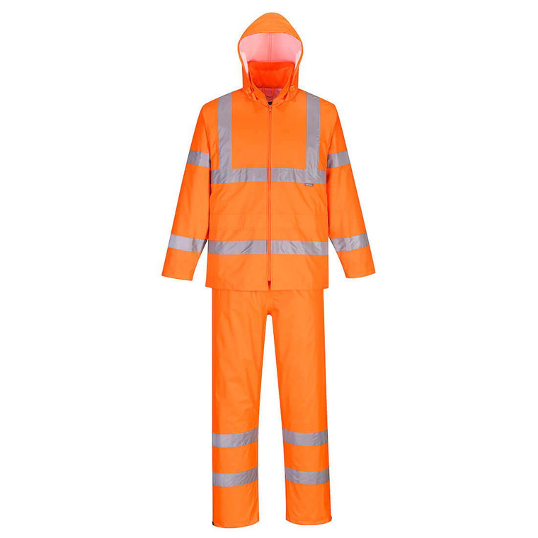 Hi-vis waterproof packaway rainsuit with sealed seams, reflective tape, vented back yoke, pack-away hood, elastic waist, and PFAS-free water-repellent finish.