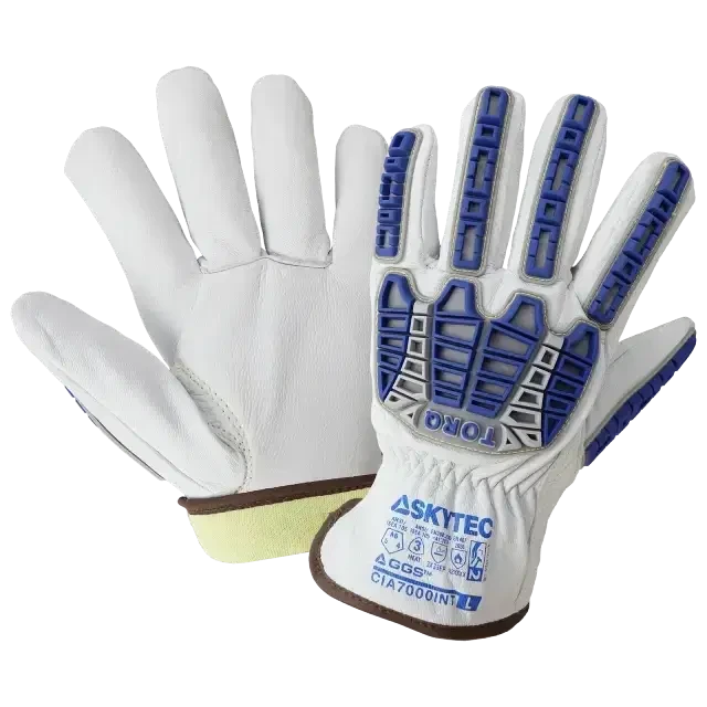 Insulated goatskin driver gloves with Aralene liner, ANSI A6 cut resistance, 3M Thinsulate insulation, TPR impact protection, and open cuff.