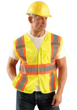 High-visibility expandable safety vest in fluorescent yellow with reflective tape