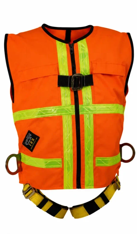 Hi-vis orange safety vest with reflective striping, front buckle, pockets, and integrated fall protection harness on a white background