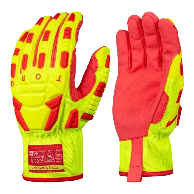 Skytec TORQ Strike high-visibility impact-resistant work gloves with red TPR protection, reinforced palms, and extended knit cuffs.