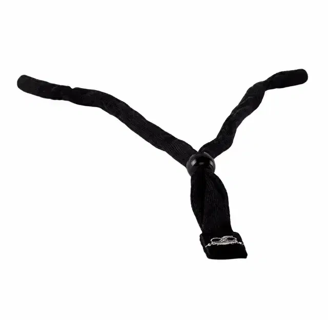 Black cotton eyewear lanyard with rubber slide adjustment for keeping safety glasses close during work.