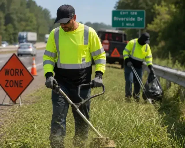 Worker wearing an ANSI Class 3 hi-vis long sleeve safety shirt while mowing along a roadside highway work zone