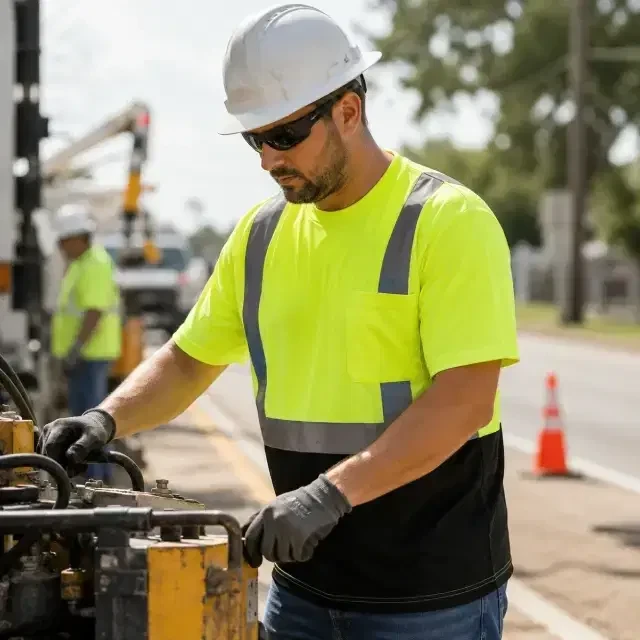 Worker wearing an ANSI Class 2 hi-vis short sleeve safety shirt with black contrast panel during roadside equipment work