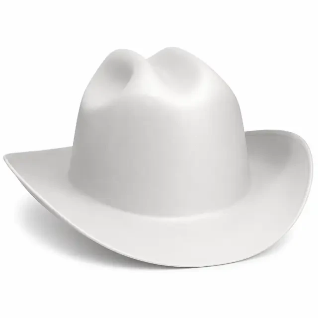 Cowboy style full brim hard hat safety helmet with ANSI Z89.1 Type I Class E certification for industrial head protection