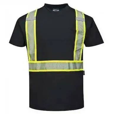 Black ANSI Class 1 hi vis safety shirt with reflective tape and chest pocket