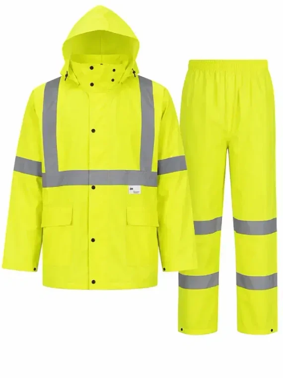ANSI Class 3 high visibility rain suit with reflective jacket and pants