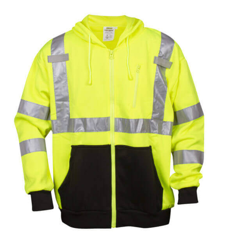 yellow work sweatshirt with attached hood