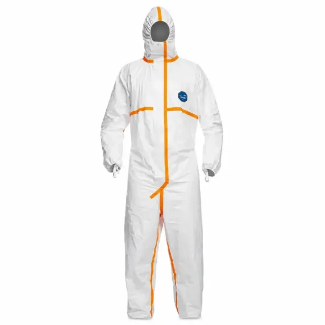 DuPont Tyvek 800 TJ198TWH hooded chemical coverall, white with orange taped seams