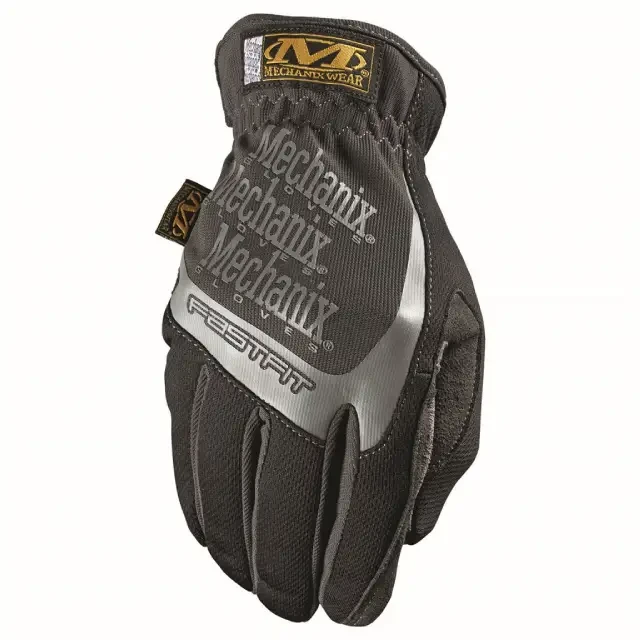 Mechanix Wear FastFit touchscreen work gloves with black synthetic leather palm, TrekDry back, elastic cuff, and reinforced thumb and index finger.