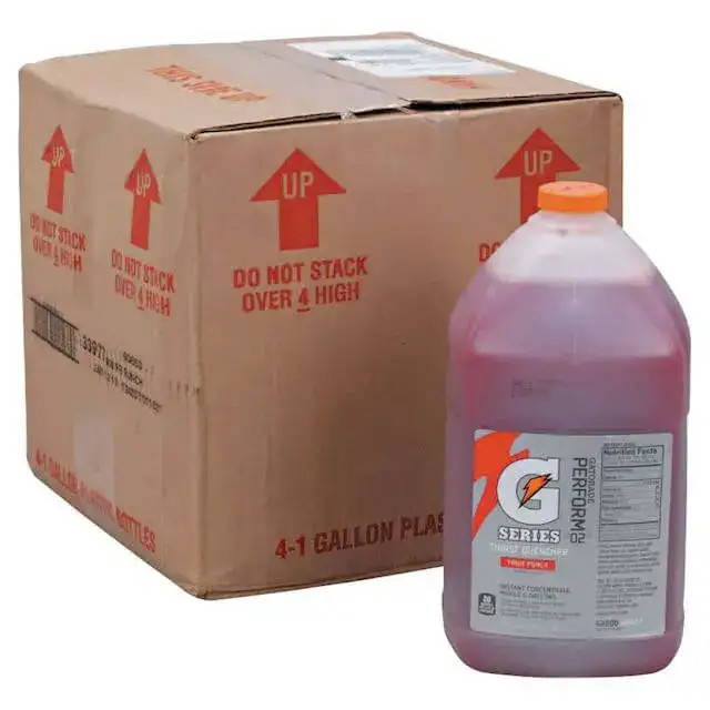 Industrial 4-pack case of Gatorade Gallon Concentrate ready for shipment from regional hubs, positioned as the cost-effective hydration solution for large-scale work sites