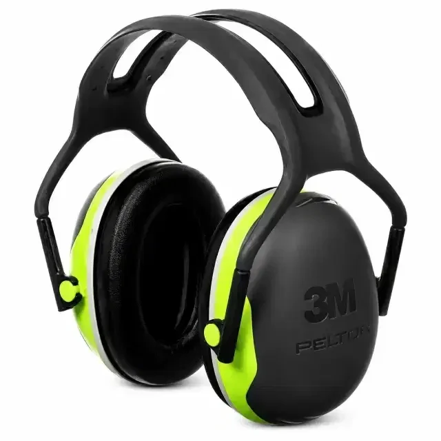 3M PELTOR X4A over-the-head earmuffs with black and chartreuse low-profile earcups, wire headband, NRR 27 hearing protection, and HYX4 replacement cushion compatibility.