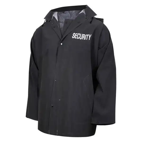 Front view of black security rain jacket with waterproof fabric and high-visibility white security lettering on chest