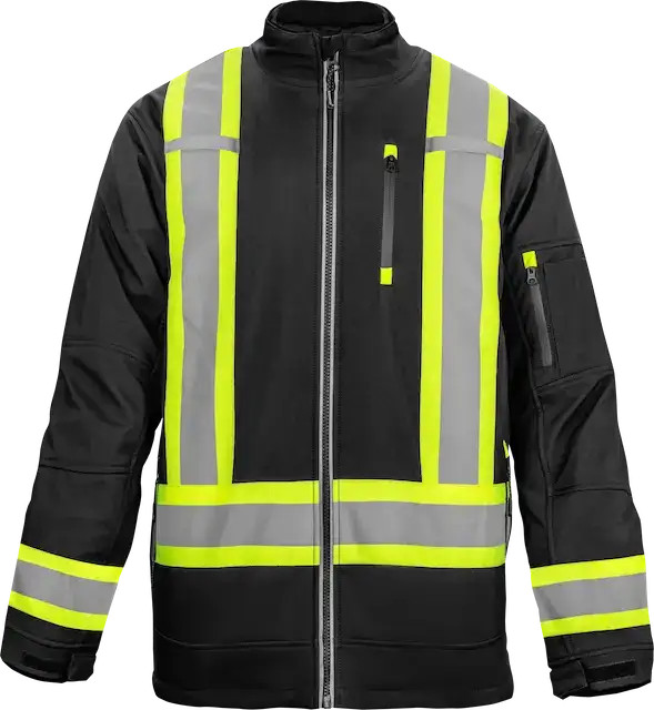Black -60 degree freezer jacket with high-vis reflective tape and dual radio clips for industrial cold storage work
