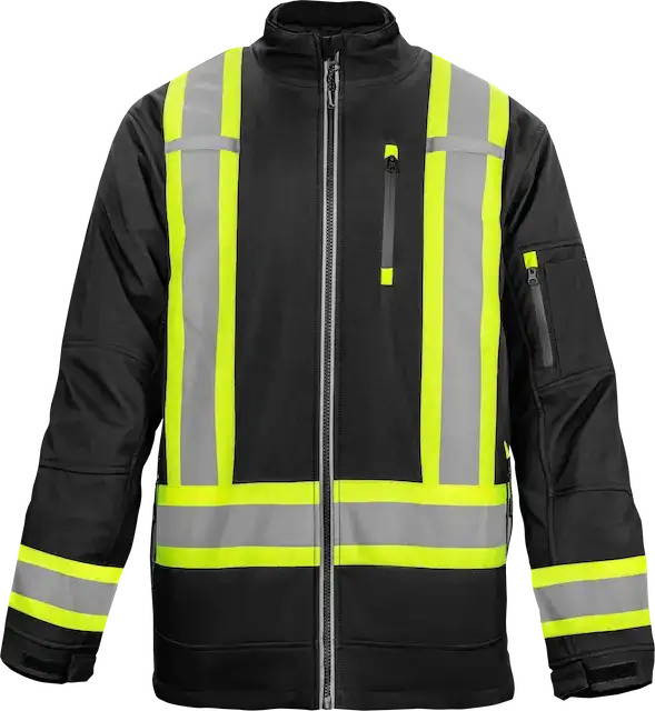 Black -60 degree freezer jacket with high-vis reflective tape and dual radio clips for industrial cold storage work